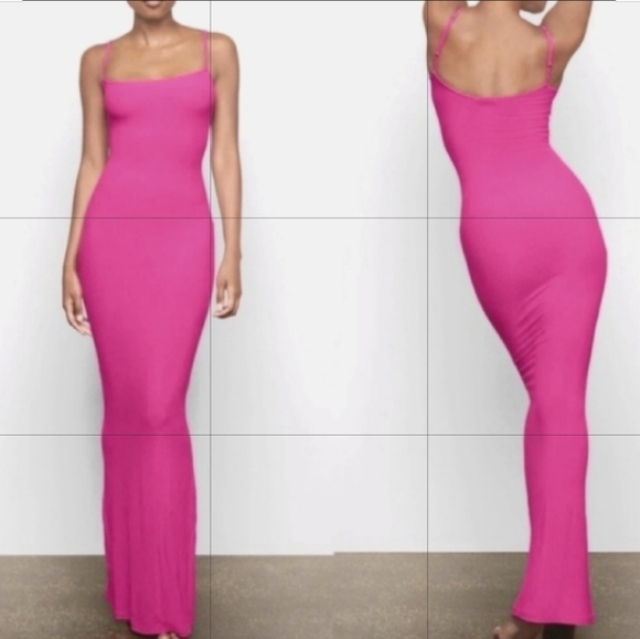 SKIMS Lounge Dress Shimmering Barbie Pink Mermaid Long Maxi Adjustable Straps - Picture 3 of 16